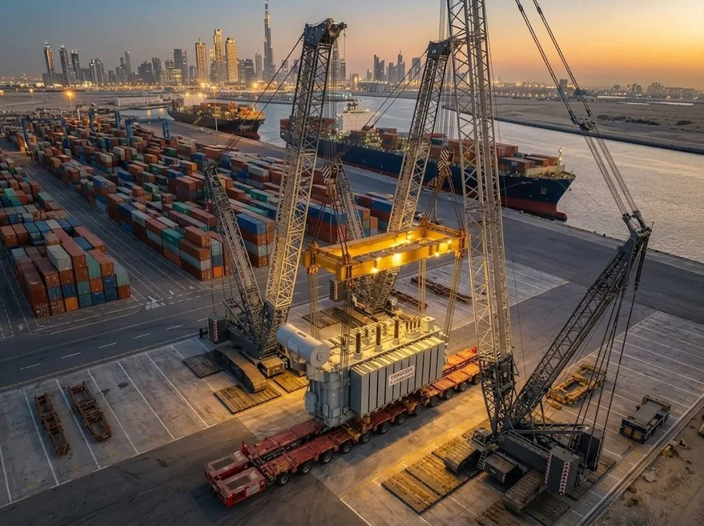 Crane lifting heavy project cargo at an industrial site